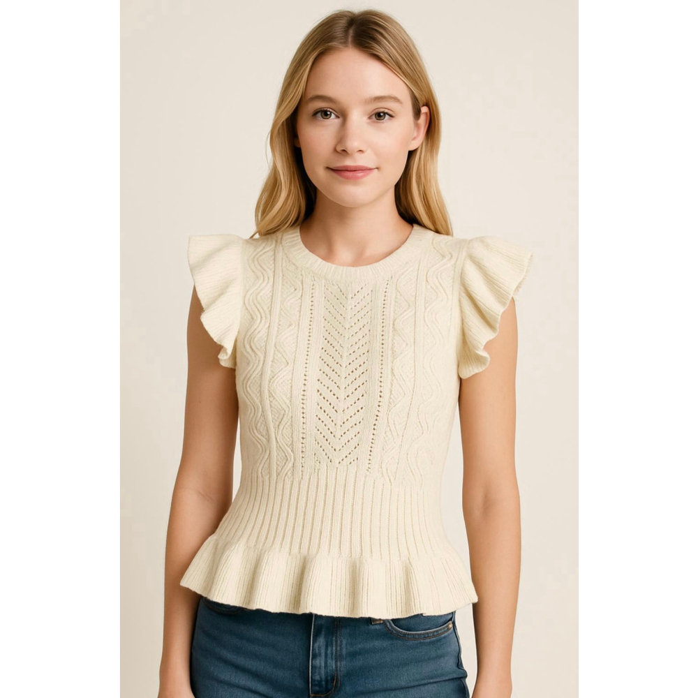 Women's EXPRESS Cream Cable Knit Ruffle Sleeve Sweater‎ Med Cottagecore Romantic